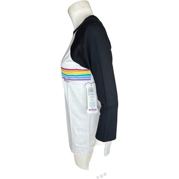 BOBS Skechers‎ Peek A Cat Rainbow Baseball Tee Small NWOT White Black 3/4 Sleeve - Picture 2 of 14